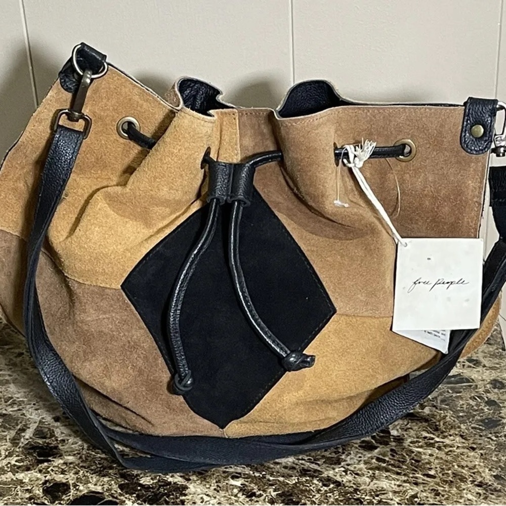 Suede Drawstring Bucket Bag in Taupe - Picture 2 of 7